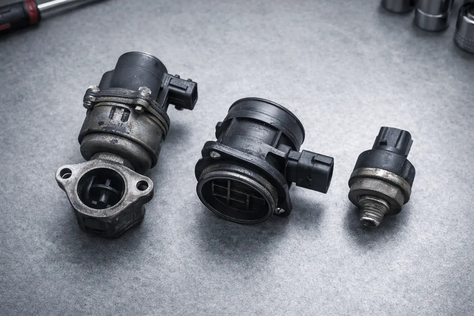 Pièces automobiles et outil de diagnostic posés sur un établi d'atelier