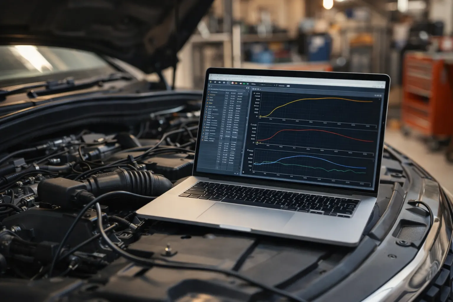 Ordinateur portable connecté à un véhicule pour reprogrammation moteur