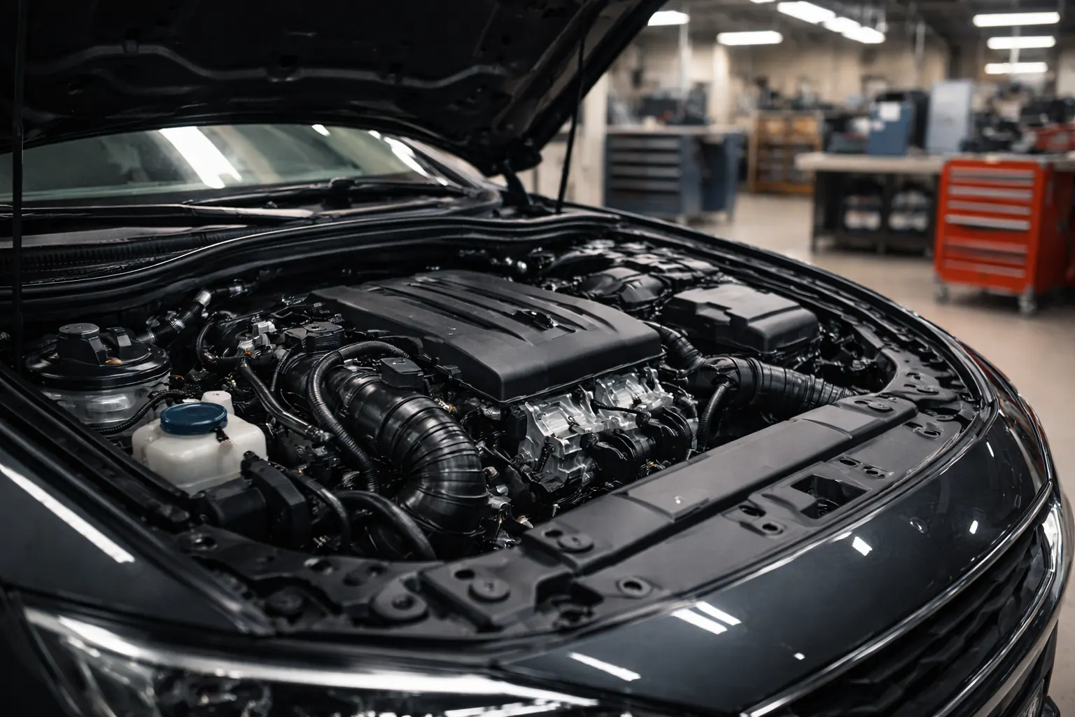 Compartiment moteur automobile ouvert dans un atelier professionnel