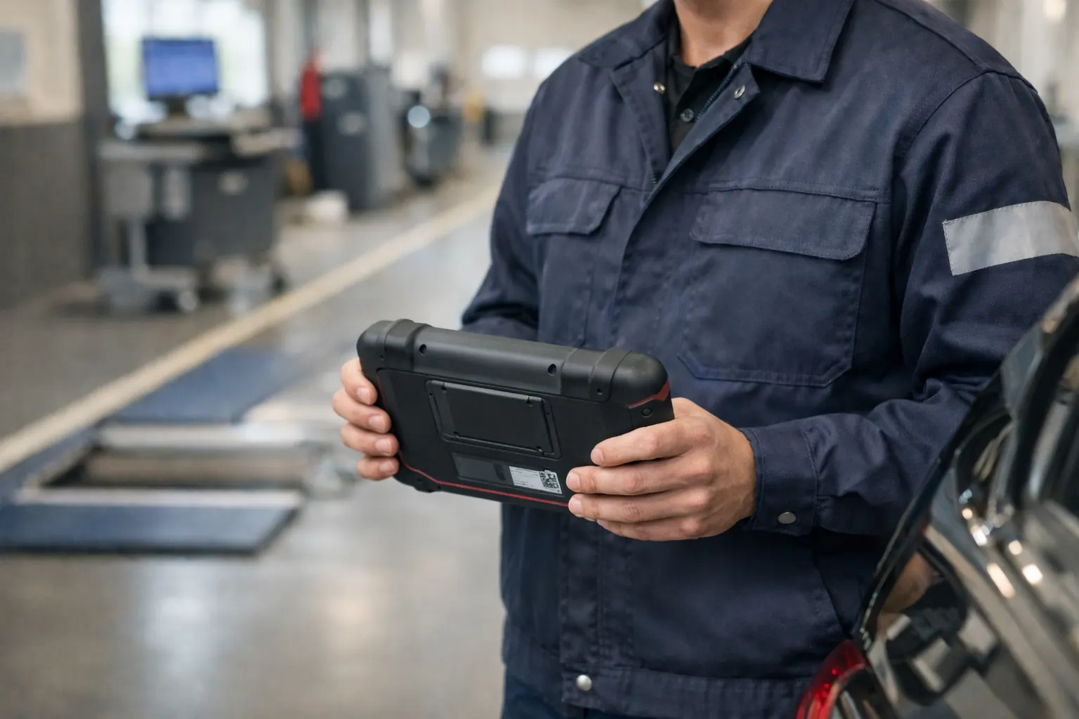 Contrôle technique automobile avec valise de diagnostic OBD branchée