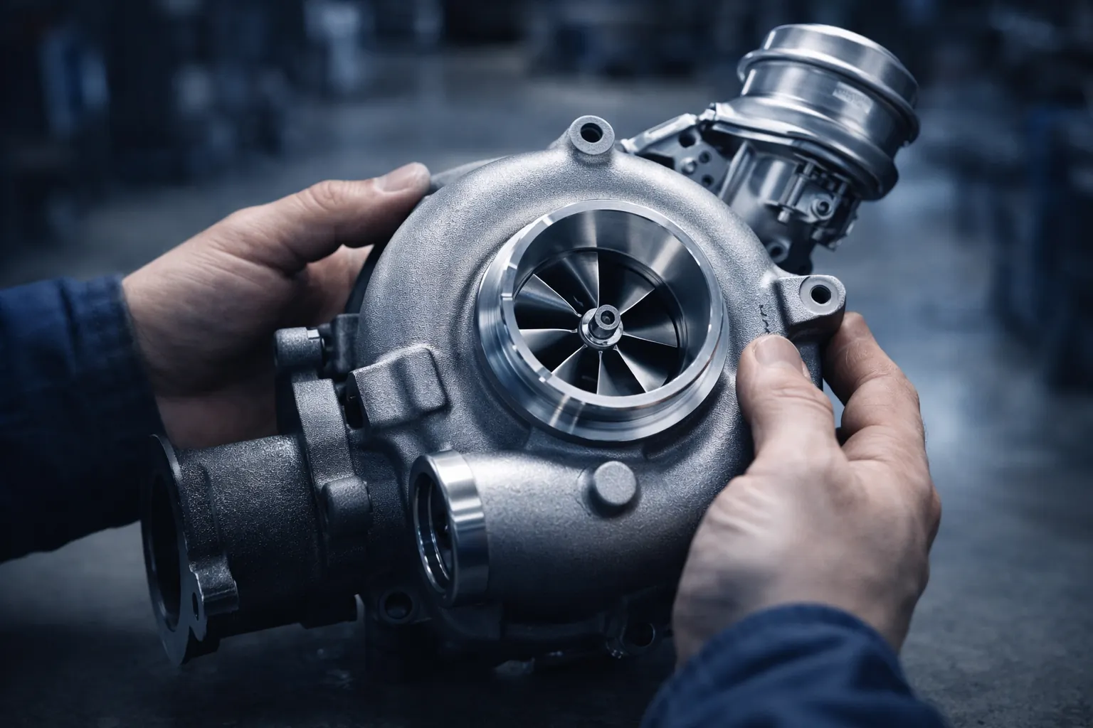 Turbocompresseur inspecté par un technicien dans un atelier professionnel