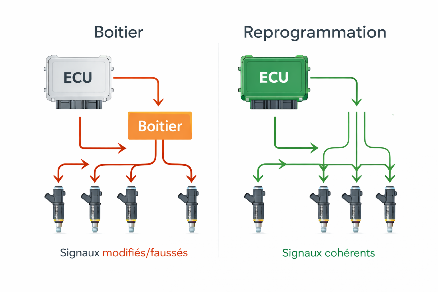 Schéma comparatif du fonctionnement boîtier E85 vs reprogrammation E85