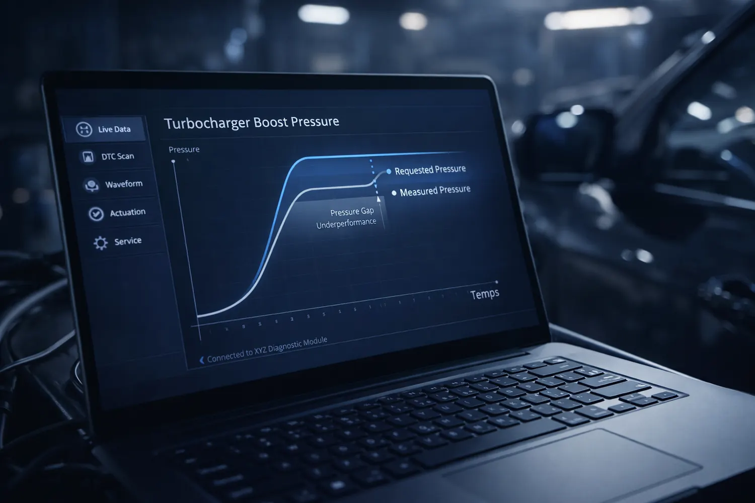 Écran de diagnostic automobile affichant les données de suralimentation turbo
