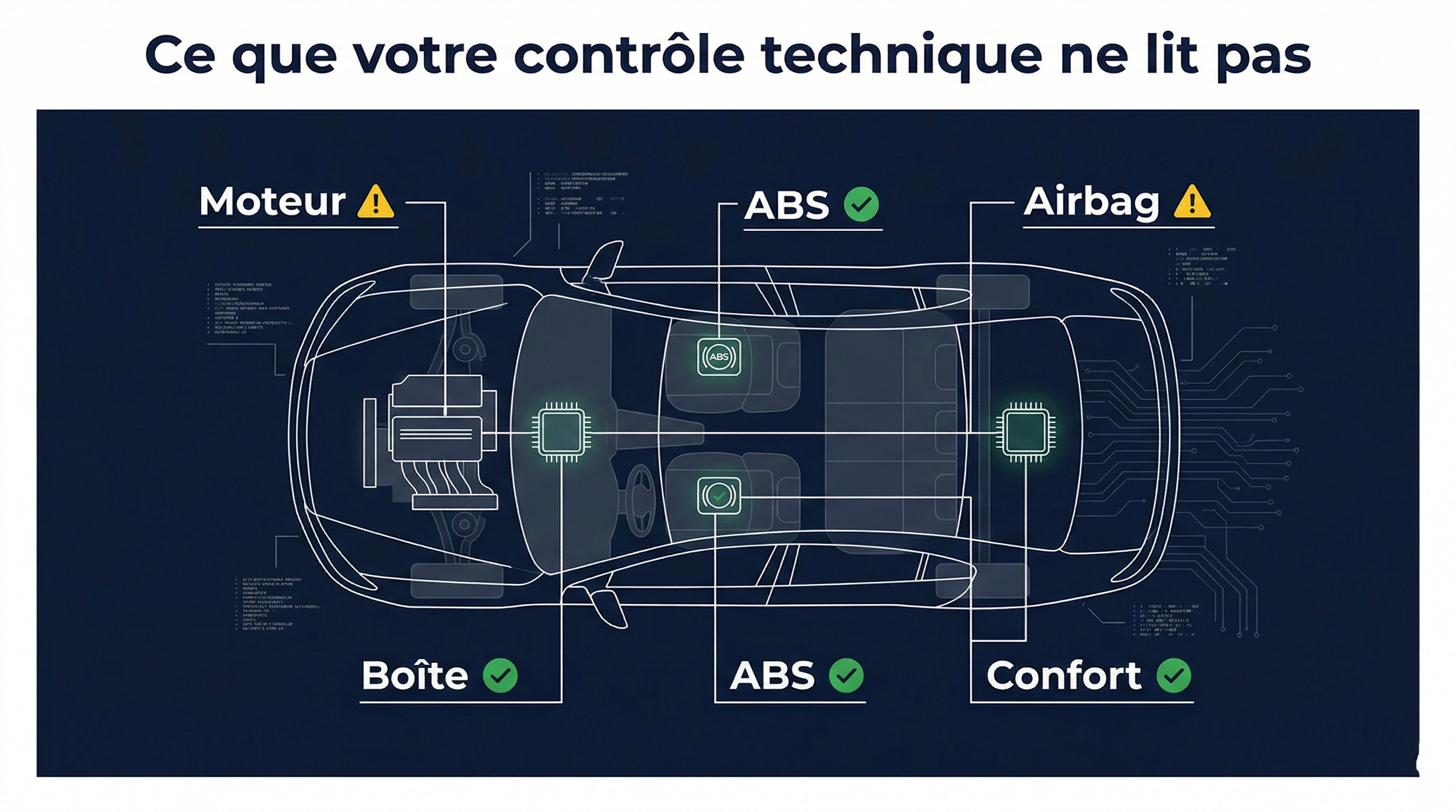 Schéma des calculateurs électroniques d’un véhicule moderne non couverts par le contrôle technique